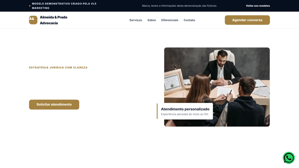 Captura real do modelo de site para Advocacia