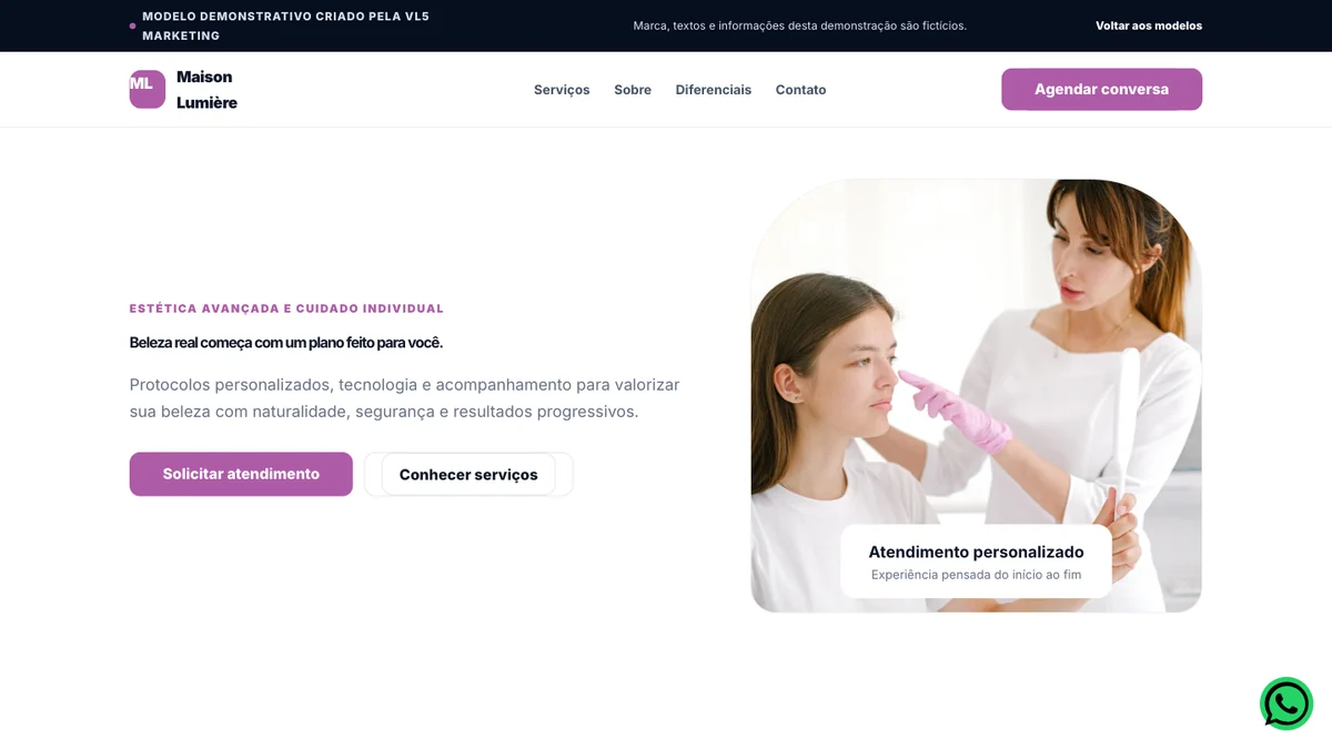 Captura real do modelo de site para Estética