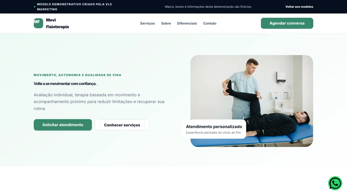 Captura real do modelo de site para Fisioterapia